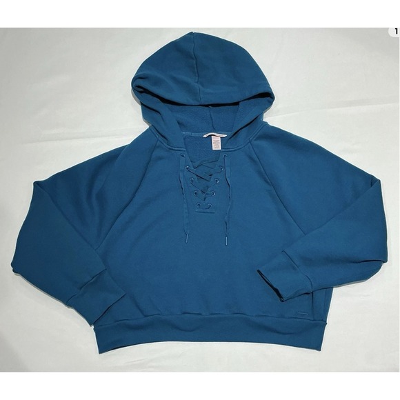 Victoria's Secret Tops - Victorias Secret Crop Hoodie Womens XL Blue Lace Up Fleece Lined